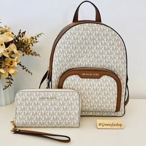 NWT Michael Kors Jaycee Medium Zip Pocket Backpack & wallet vanilla
